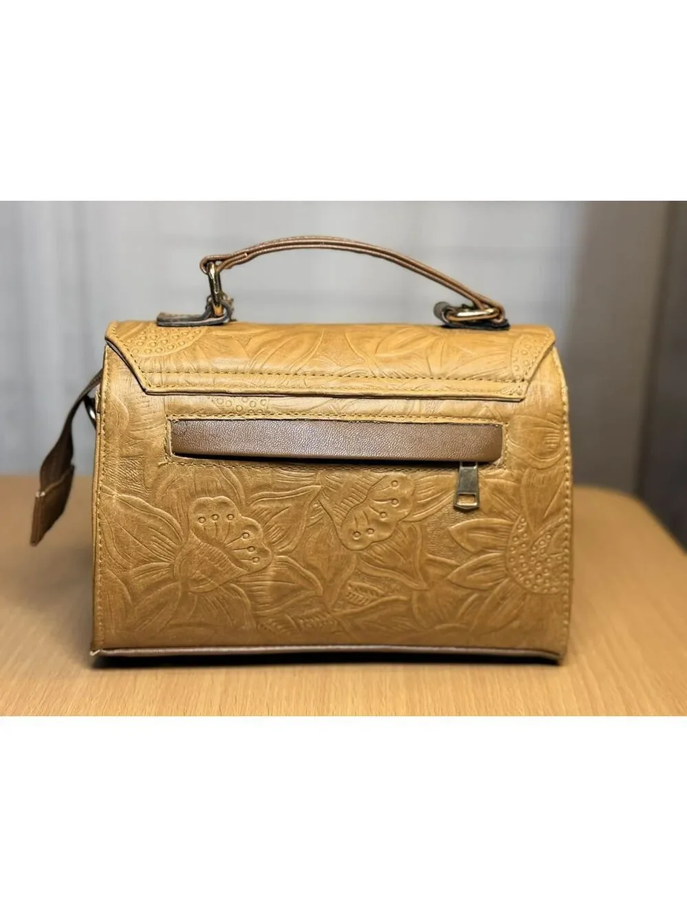 Camel Beige Sunflower Embossed Tooled Artisan LEATHER Crossbody bag Purse